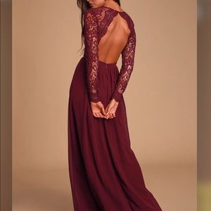 Awaken My Love Burgundy Long Sleeve Lace Maxi Dress